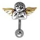 Bauchnabel Piercing Engel aus Stahl und Silber, der Engel mit goldenen Fl&uuml;geln guckt Dich an