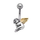 Bauchnabel Piercing Engel aus Stahl und Silber, schlafende Putte mit goldenen Fl&uuml;geln