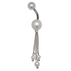 Bauchnabelpiercing 1.6x10mm mit zwei wei&szlig;en Kunstperlen und Silberkettchen