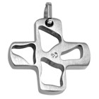 Edelstahl-Kettenanhänger in Kreuzform mit Aussparungen und einem kleinen Kristall